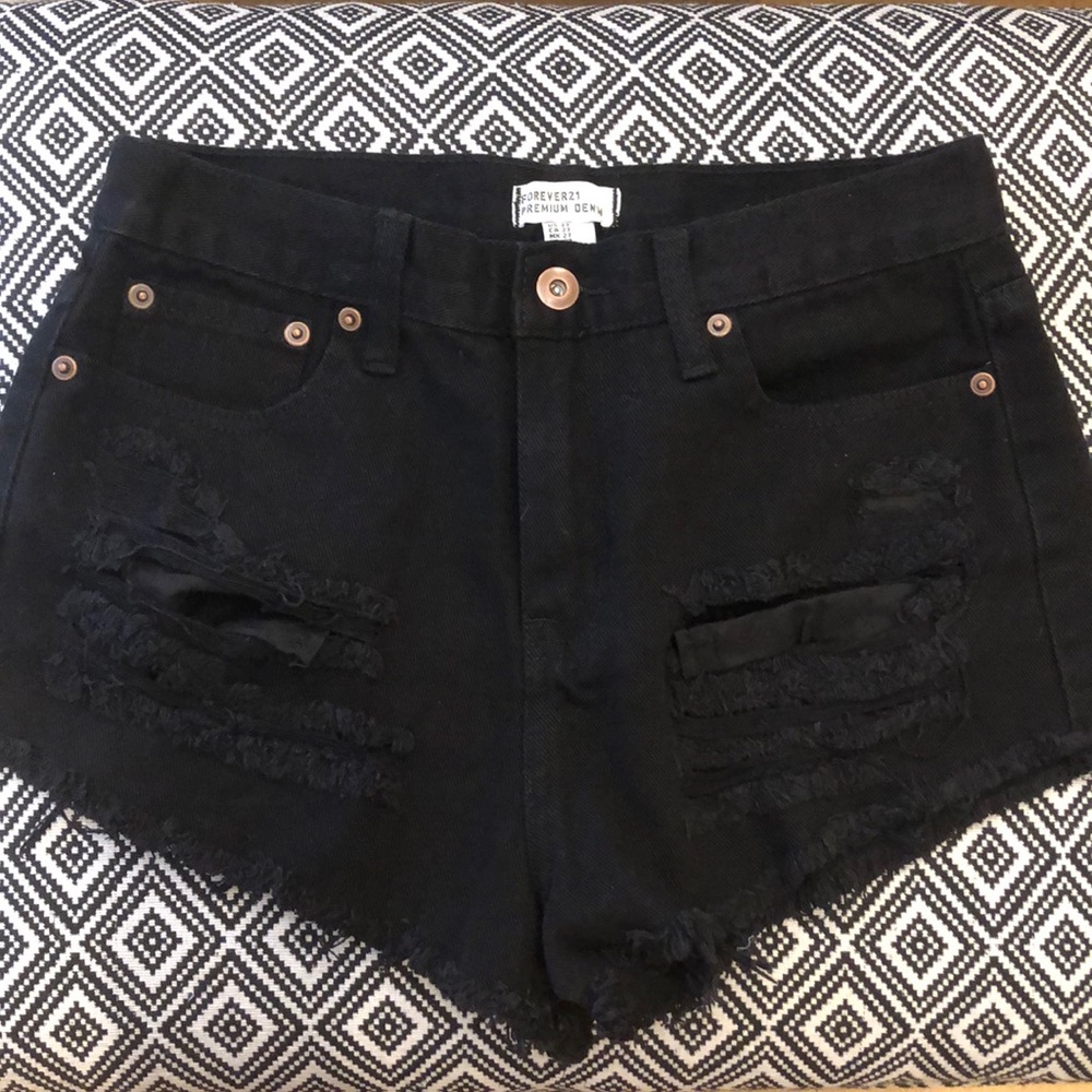 Black Denim Distressed Shorts
